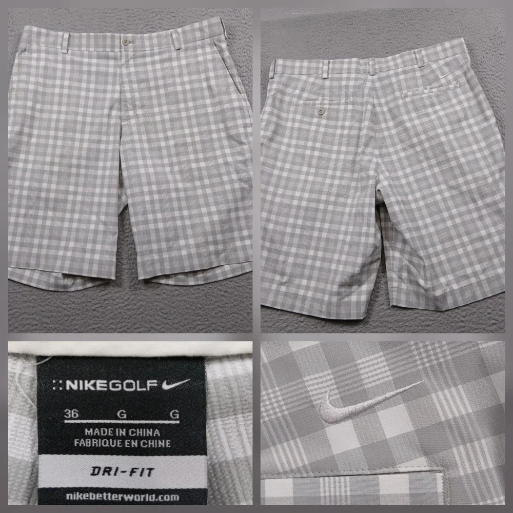 Nike Golf‎ Dri-FIT Shorts Men's 36 Grey White Plaid Gingham Check Performance